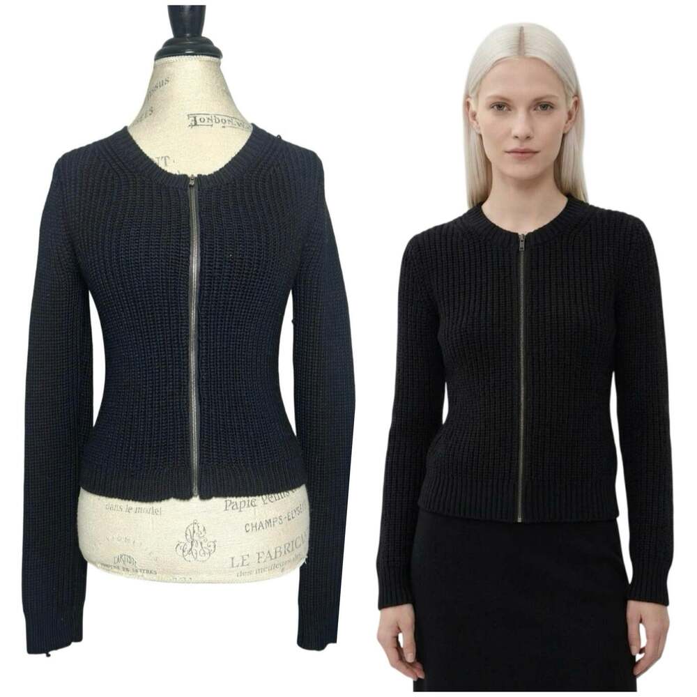 Theory | Women | Tallia Black Mix Leather Ribbed Knit Zip Up Cardigan | Medium